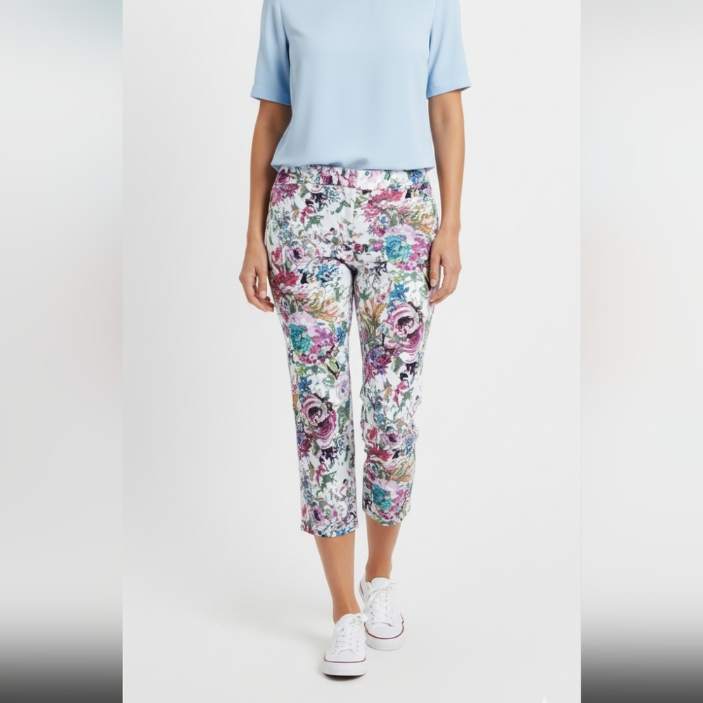 New Liz Claiborne cotton stretch pink floral Cropped ankle pants Women's size 6